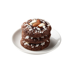 Delicious Chocolate Cookies with Almonds and Coconut Flakes on White Plate