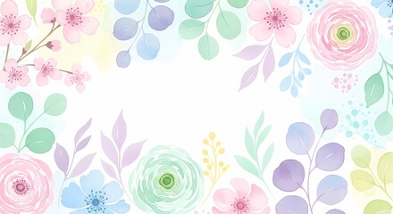 Delicate watercolor floral frame with pastel blossoms and leaves for elegant spring designs and invitations