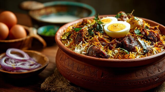 Hyderabadi mutton biryani fried onions boiled egg spicy masala layers clay handi presentation authentic royal cuisine style