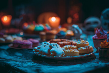 Moody and cinematic closeup of table filled with Halloween themed treats, including ghost shaped cookies and cupcakes, illuminated by candlelight