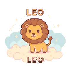 Adorable pixel art lion, zodiac Leo symbol, sitting on a cloud, surrounded by sparkles.