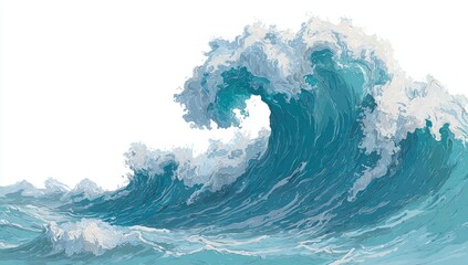 A vibrant, textured illustration of a massive ocean wave