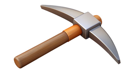 Isolated on transparent background, a silver pickaxe with a brown wooden handle, a tool for mining and construction, perfect for games, designs and illustrations
