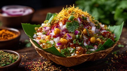 Indian bhel puri traditional leaf bowl crunchy puffed rice mixed with chutneys sev topping colorful spices around authentic street setting