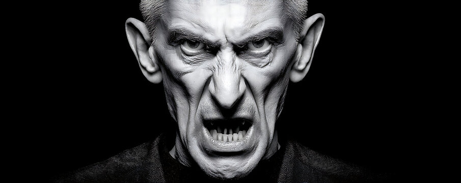 Horrifying face of a gaunt evil man expressing intense fury and hatred