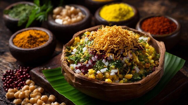 Indian bhel puri traditional leaf bowl crunchy puffed rice mixed with chutneys sev topping colorful spices around authentic street setting