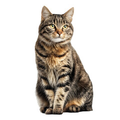 Obraz premium A beautiful tabby cat with striking eyes sits attentively on a transparent background showcasing its detailed fur and elegant posture isolated on transparent background