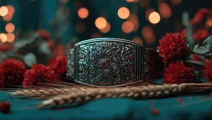 Ornate silver bracelet, surrounded by red flowers and wheat