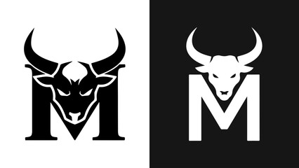 Bold Bull Head Monogram with the Letter M in Black and White