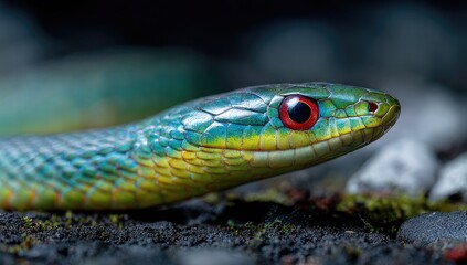 Close-up of a vibrant green and blue snake