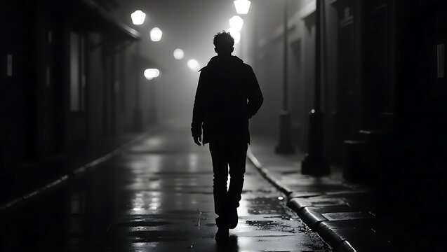 Silhouette of a lone man walking on a wet street at night with streetlights creating an atmospheric mood - Powered by Adobe