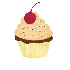 Hand-Drawn Cute Cupcake with Sprinkles and Cherry on Top Illustration