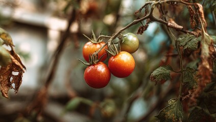 Close-up of ripe and unripe tomatoes on a vine