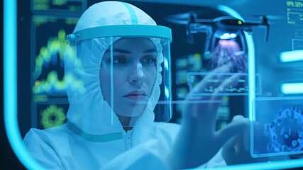 Scientist in positive‑pressure biosafety suit analyzing pathogen data on a transparent display, coordinating equipment and a small drone inside a high‑containment laboratory