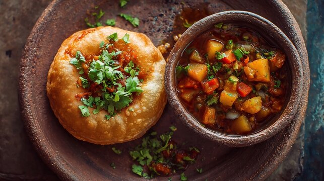 Indian kachori served spicy aloo sabzi garnished with fresh coriander rustic clay plate top view vibrant food styling