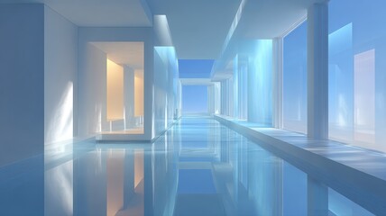 Obraz premium Modern Interior with Glass Walls and Tranquil Water Reflection