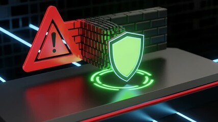 A firewall block shows a red alert badge that compresses into a confident shield emblem, releasing a soft green halo across a dark grid panel - Powered by Adobe