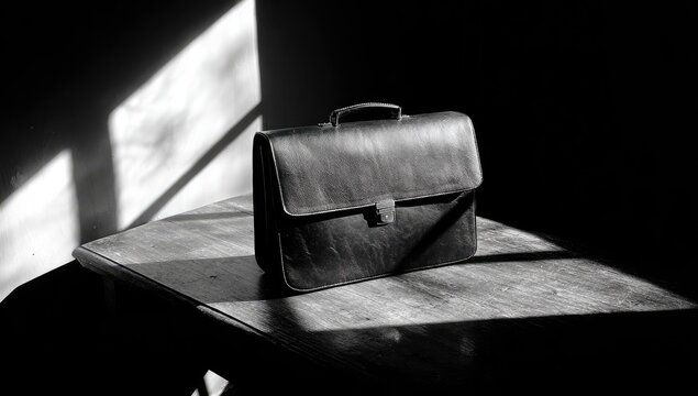 A black leather briefcase sits on a wooden table, bathed in sunlight streaming through a window - Powered by Adobe