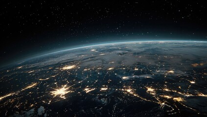 Obraz premium Earth at night, seen from space. Vast expanse of darkness speckled with luminous city lights. A band of atmosphere surrounds the globe. Stars are visible in the inky blackness