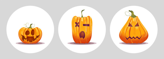 Scary Halloween Pumpkin Face Illustration – Set of 3 Spooky Pumpkins