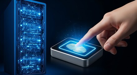 Fingerprint scanner accessing secure server room with glowing blue lights.