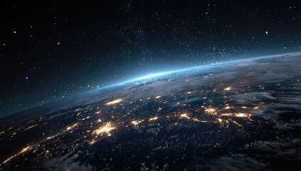 Earth at night, city lights illuminating the surface