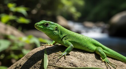 Emerald Lizard Basking by the Stream.