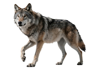 A majestic gray wolf confidently walking with a focused gaze, isolated on white background.