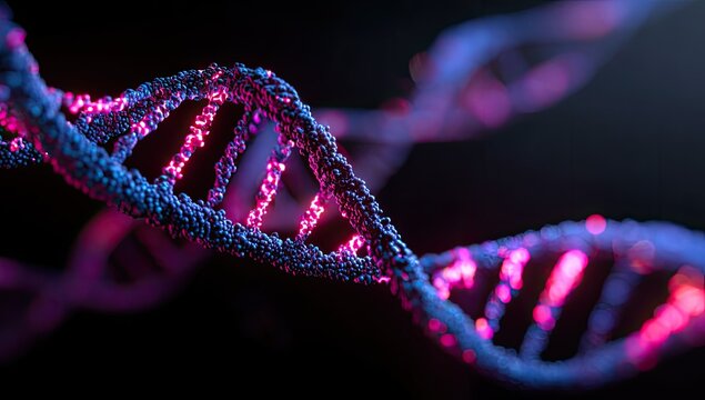 DNA helix, glowing with vibrant pink and blue, detailed structure