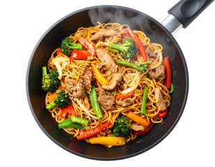 Japanese Yakisoba Stir-Fry in Pan, Top-Down View, Isolated on Transparent Background