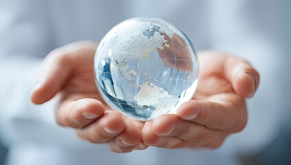 A small, clear glass globe, Earth, held gently in cupped hands