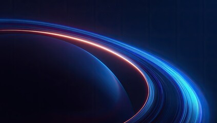 Cosmic ringed planet, vibrant blues and oranges, swirling light trails