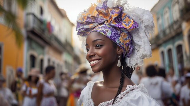 Beautiful Afro-Brazilian Woman in Traditional Dress Celebrating Black Awareness Day Festival with Colorful Head Wrap in Vibrant Street Parade - Powered by Adobe
