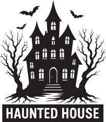 Haunted House with Bats and Trees Vector Silhouette – Halloween Illustration