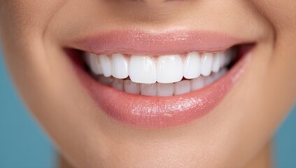 Obraz premium Close-up of a woman's smiling mouth, showcasing a bright, even smile. Healthy, pink lips frame perfectly white teeth