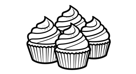 Four cupcakes with frosting illustration, outline style perfect for coloring book activity  and