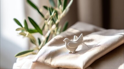 Dove pin attached to silk lapel in morning light, ideal for peace promotions, diplomatic events, or elegant fashion visuals.