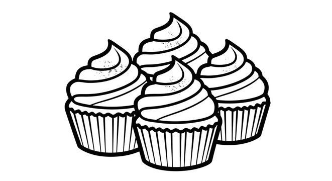 Four cupcakes with frosting illustration, outline style perfect for coloring book activity  and