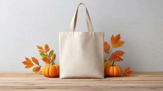 Blank canvas tote bag displayed on wooden table surrounded by vibrant autumn leaves and small pumpkins, perfect for seasonal promotions and eco-friendly shopping