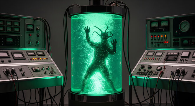 Alien creature in sci-fi lab for Halloween horror