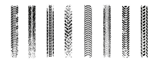 Traces of car, motorcycle tread. Curved realistic traces of tires of wheels from different types of tread vector png. Car wheels on disks.	

