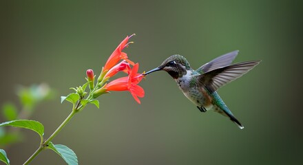 Fototapeta premium A vibrant hummingbird hovers near bright crimson flowers, showcasing a delicate interplay of nature's colors and flight.