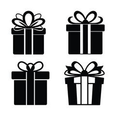 Black gift box icons with ribbon and bow present silhouette vector collection