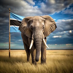 Obraz premium Elephant and Botswana flag in golden savanna at sunset