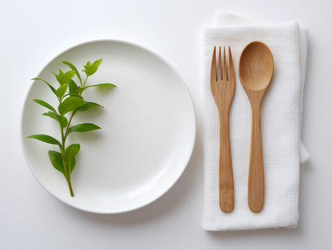 High-definition, high-resolution photograph of a set of white ceramic dinnerware&mdash;a plate, bowl, and cup&mdash;on a white linen tablecloth. A single hand-carved wooden spork rests on the plate, with a scatte