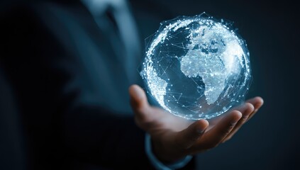 A person in a suit holds a holographic globe, depicting global connections