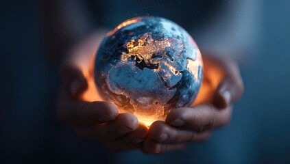 Fototapeta premium Earth held gently in luminous hands. A 3D model of the Earth glows warmly within cupped hands, highlighting continents and oceans.
