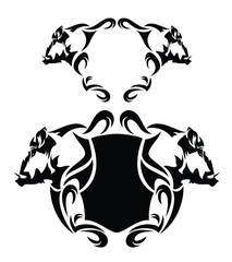medieval style copy space heraldic shield with wild boar profile heads - fantasy coat of arms black and white vector design set