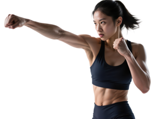 Athletic Asian woman throws a powerful punch, showcasing strength and focus.
