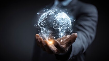 A hand, seemingly holding a holographic global network